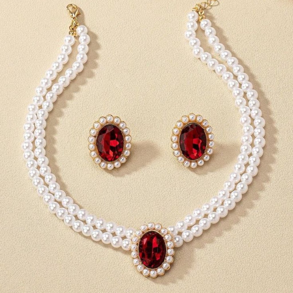 Elegant Red And Pearl Jewelry Set